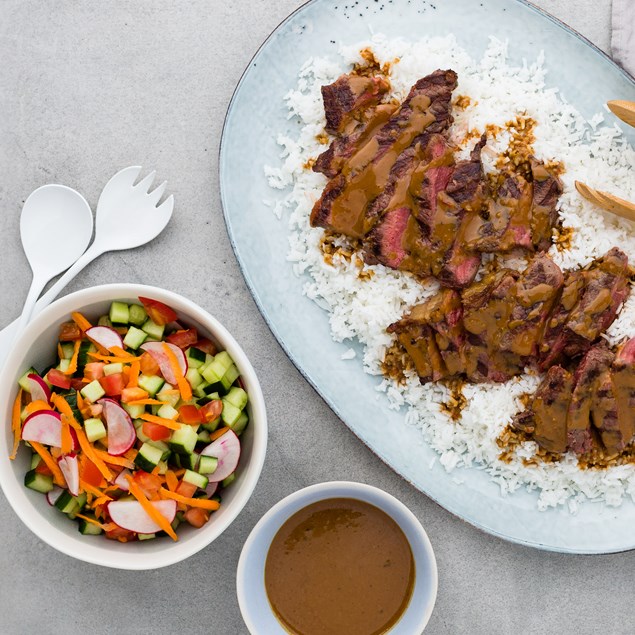 Satay Beef with Rice and Cucumber Salad