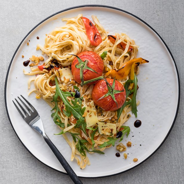 Lemon and Garlic Tagliolini with Pangrattato and Roasted Thyme Tomatoes