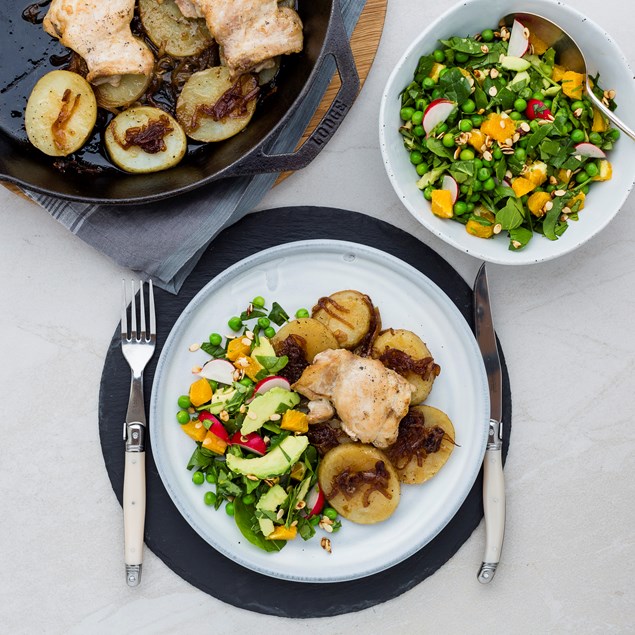 Chicken with Lyonnaise Potatoes and Spring Salad