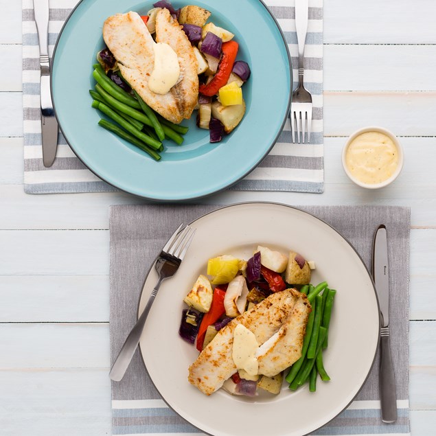 Pan-Fried Fish with Roast Vegetables, Asparagus and Hollandaise