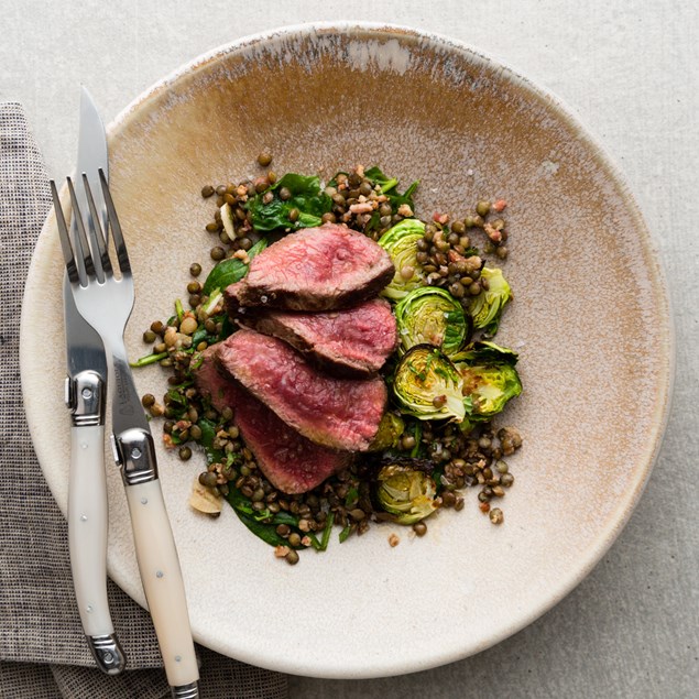 Pan Seared Venison with Lentils, Brussels and Bacon 