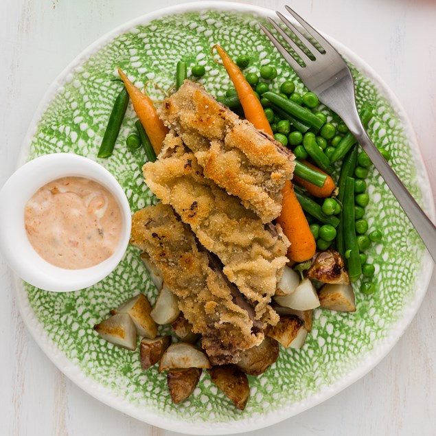 Crumbed Beef Schnitzel with Honey Glazed Baby Carrots and Roasties