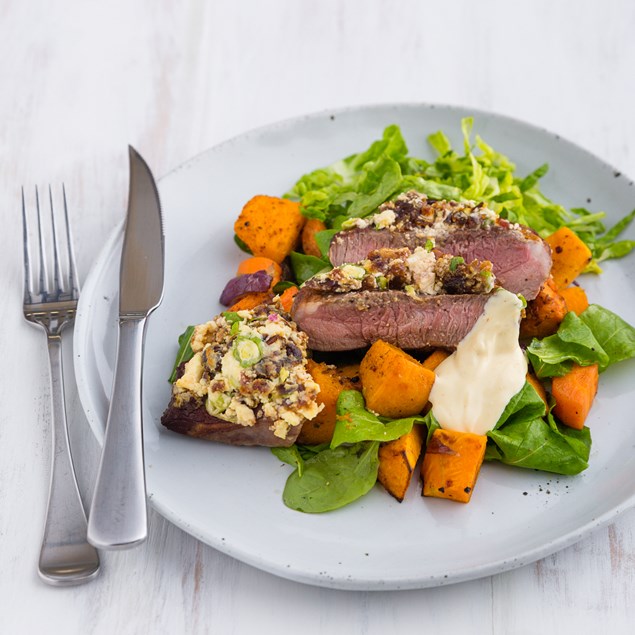 Feta and Date-Crusted Lamb with Pumpkin and Carrots