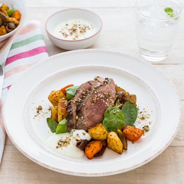 Dukkah Butterflied Lamb with Moroccan-Spiced Vegetables