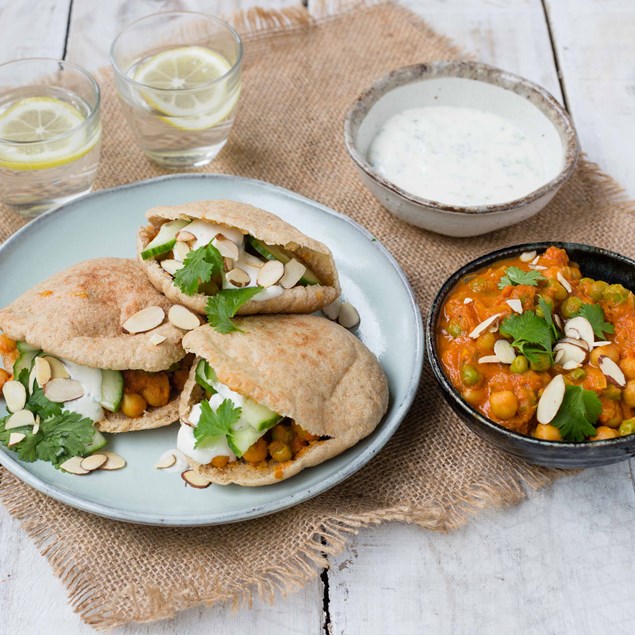 Yellow Chickpea Curry Pitas with Cucumber and Coriander Lime Yoghurt