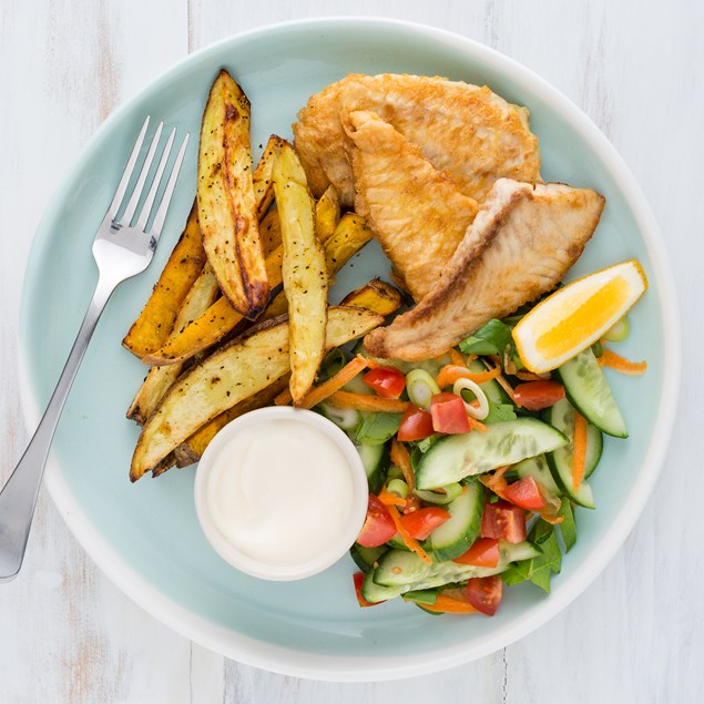 Fish with Mixed Chips, Salad and Aioli