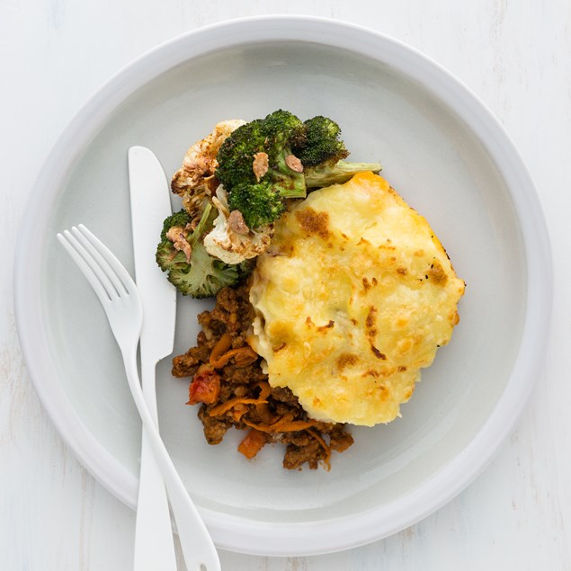 Lamb Shepherd’s Pie with Grilled Veggies and Crispy Shallots
