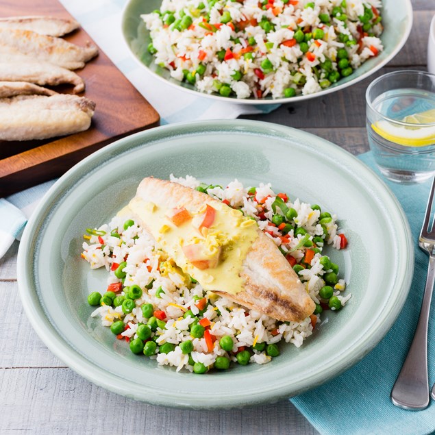 Pan-Fried Fish with Coconut Curry Sauce and Veggie Rice