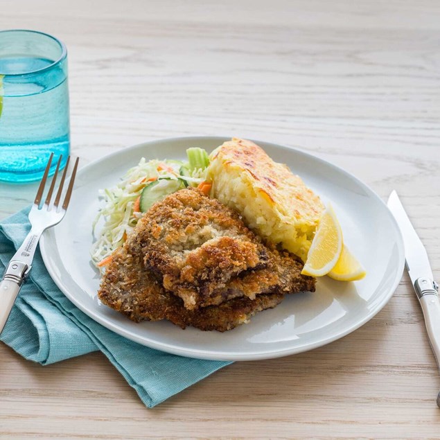 Beef Schnitzel with Parmesan Mashed Potatoes and Winter Slaw 