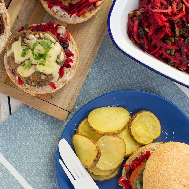 Beef Burgers with Potato Rounds and Beetroot Carrot Salad