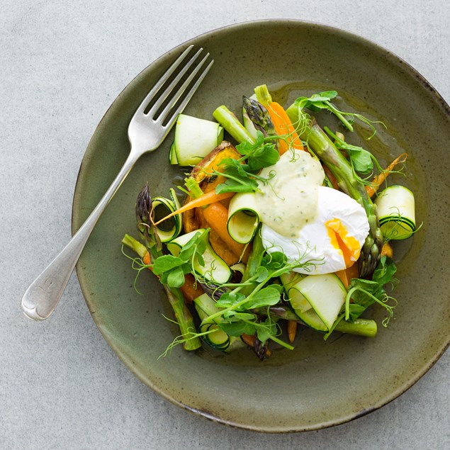 Poached Eggs with Asparagus, Pea Tendrils and Spring Herb Hollandaise