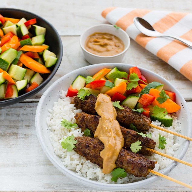 Satay Beef Skewers with Coconut Rice and Chunky Salad