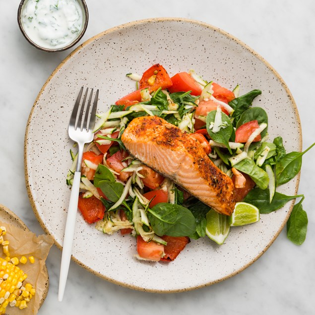 Salmon Mexican Salad with Roasted Capsicum and Herb Yoghurt