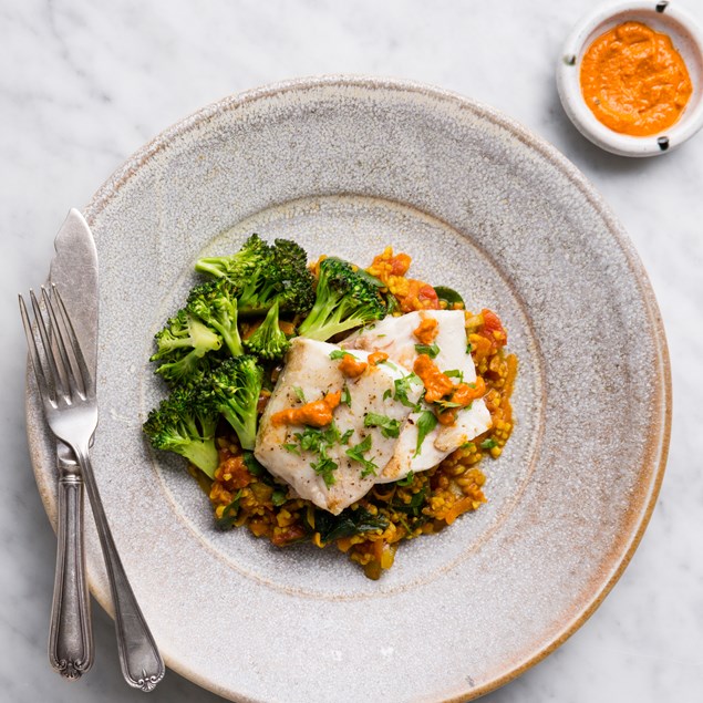 Latin Romesco Fish with Sazon & Tomato Bulgur