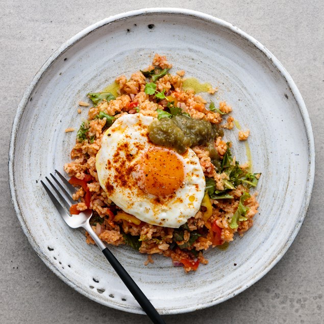 Spanish Baked Rice with Paprika Fried Eggs and Tomatillo