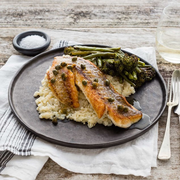 Crispy-Skinned Fish with Cauliflower Parsnip Purée, Roast Vegetables ...