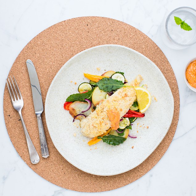 Cashew-Crumbed Fish with Roast Vegetables and Sundried Tomato Mayonnaise