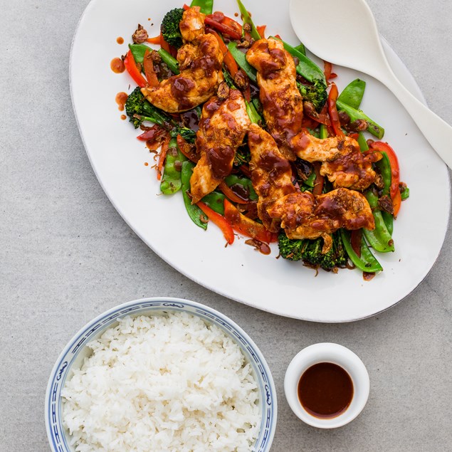 Chicken Tenders with Stir-Fry Veggies and Asian BBQ Sauce