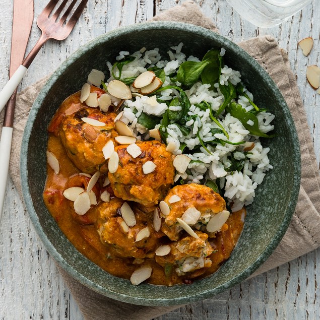 Creamy Spanish Chicken Meatballs with Spinach Rice