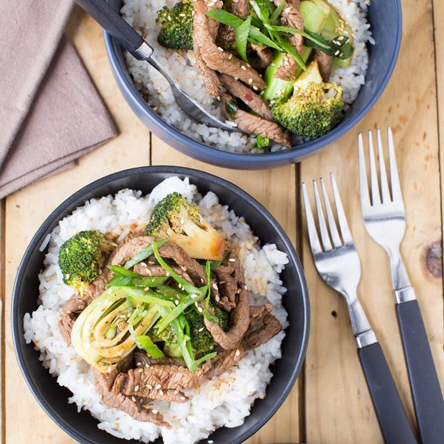 Sweet Soy Beef Stir-Fry with Asian Greens and Sesame Rice 