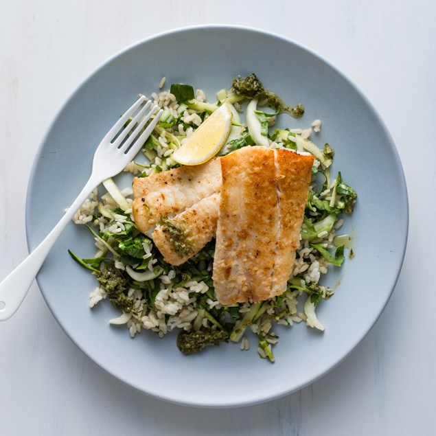 Crispy Fish with Green Rice and Herb Salsa