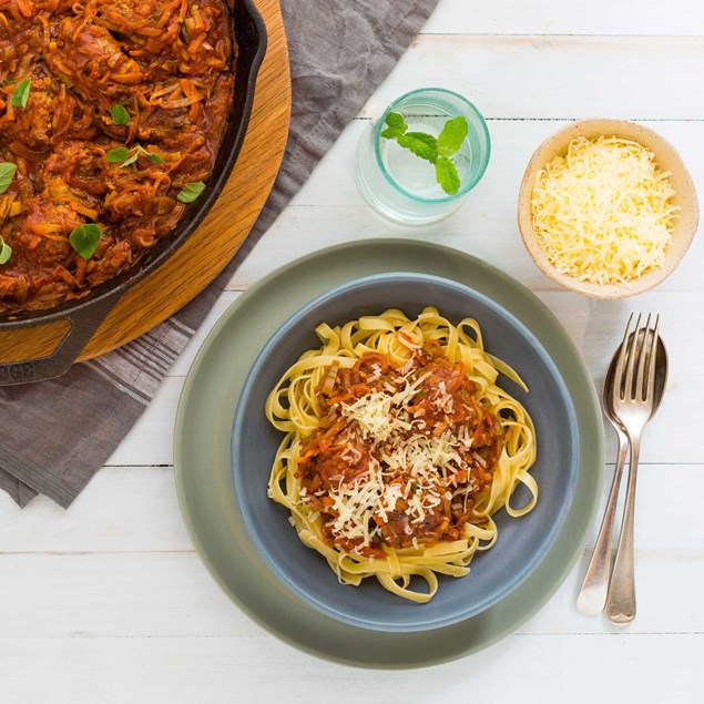 Rosemary and Garlic Lamb Meatballs with Tomato Vegetable Sauce and Fettuccine