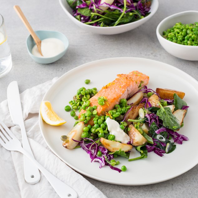 Baked Salmon with Creamy Potato Salad and Caper Pea Smash