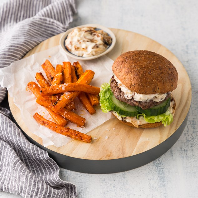 Venison and Cranberry Burgers with Caramelised Onion Mayo