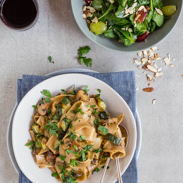 Courgette Mushroom Truffle Pappardelle with Rocket, Grape and Almond Salad