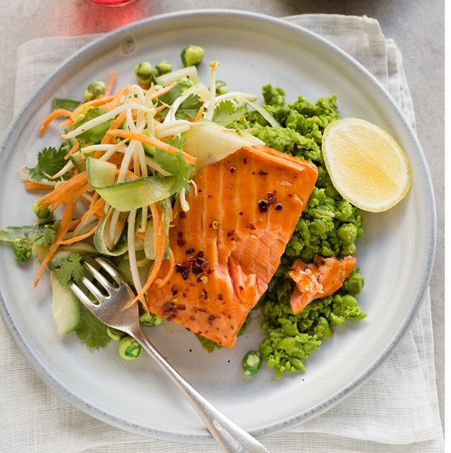 Honey SoyGlazed Salmon with Wasabi Smashed Peas and Crunchy Salad My