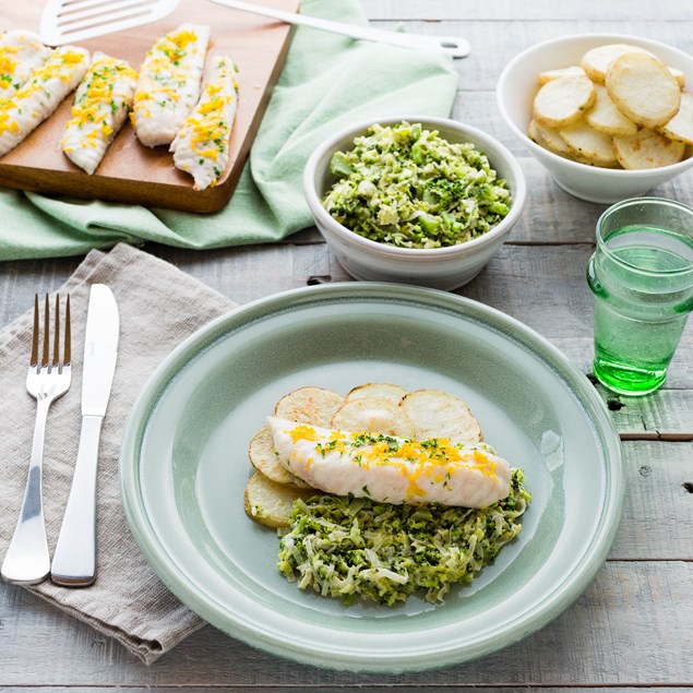 Lemon-Baked Fish with Roasted Potato Rounds and Creamed Vegetables