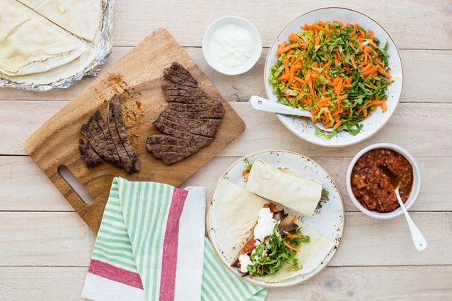 Greek Beef Wraps with Homemade Tomato Sauce and Salad