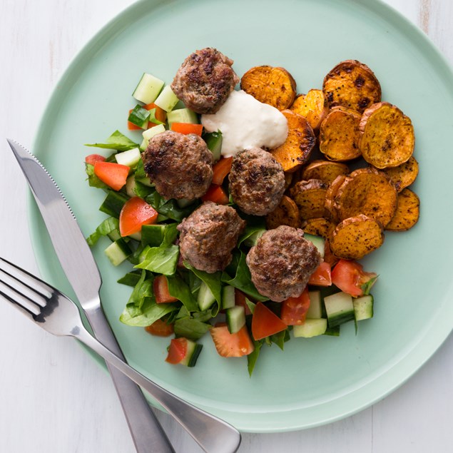 Lamb Kofta with Potato Rounds and Hummus Dip