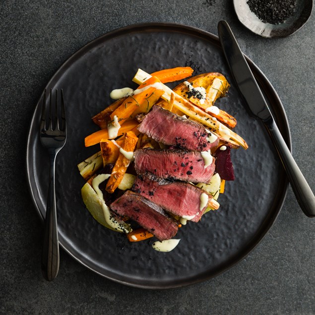 Beef Eye Fillet with Rosemary Roasted Vegetables & Béarnaise