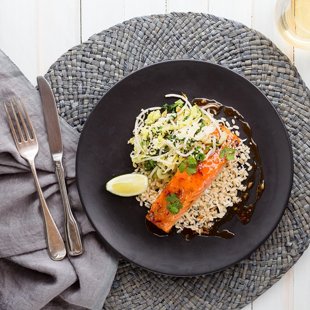 Lime and Coconut Sugar-Glazed Salmon with Sesame Savoy