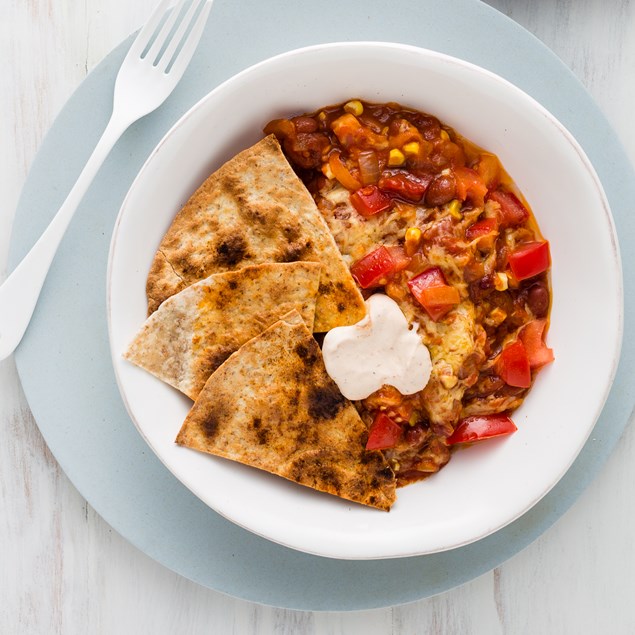 Cheesy Beans with Crispy Tortillas