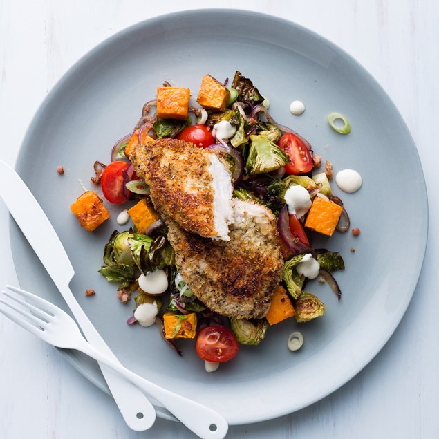 Lemon and Herb Chicken Schnitzel with Brussels Sprout Caesar