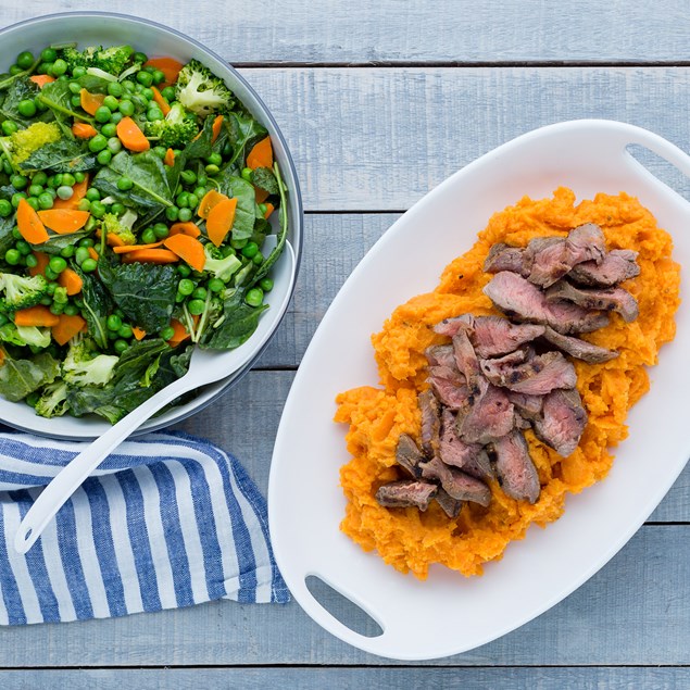 Lamb Rump with Cheesy Mashed Kumara and Veggie Salad