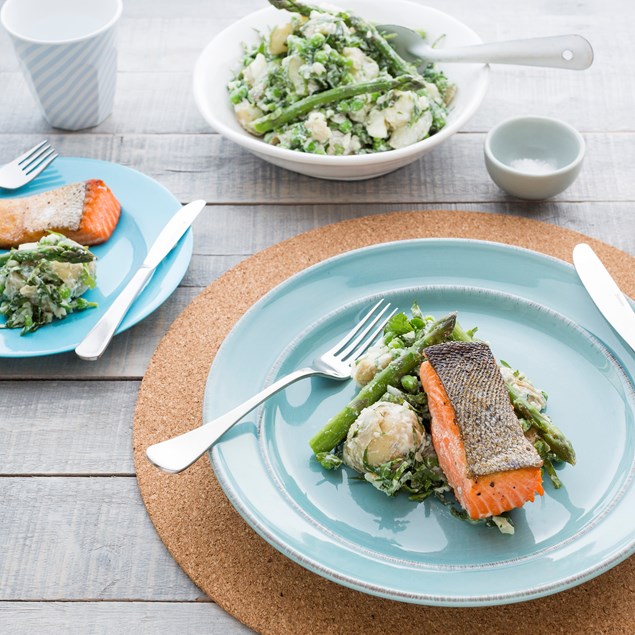 Crispy-Skinned Salmon with Mint and Sour Cream Crushed Potatoes