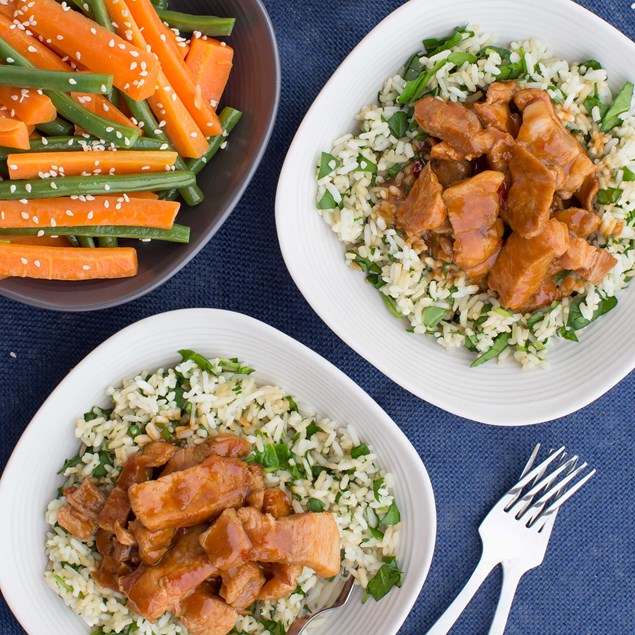 Sticky Pork with Spinach Rice and Vegetables