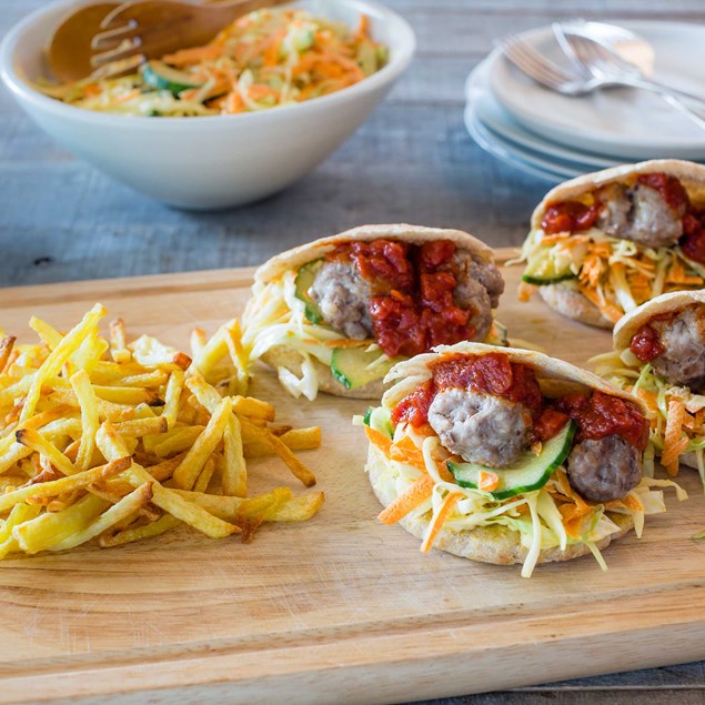 Pork and Herb Pita Pockets with Coleslaw and Skinny Fries
