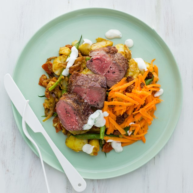 Beef Sirloin Steaks with Bombay Potatoes and Raw Carrot Relish 