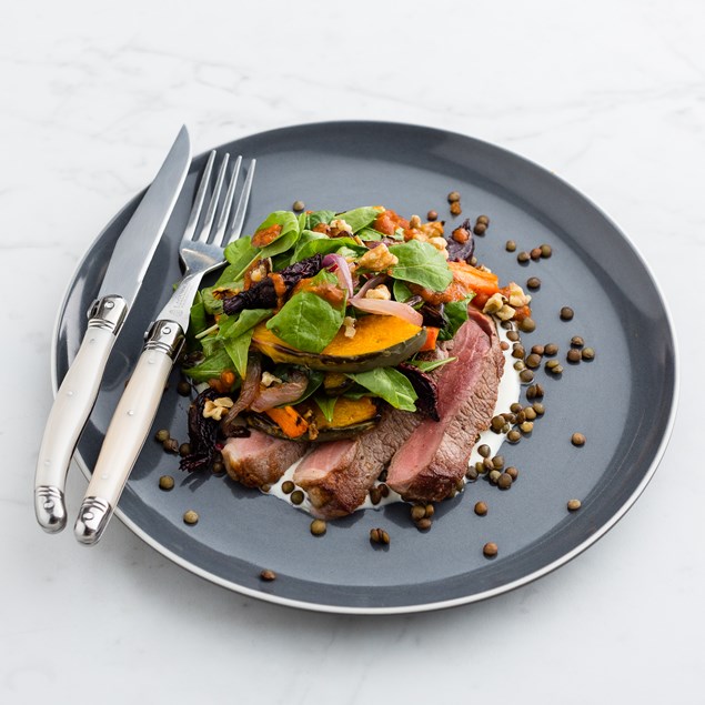 Lamb with Roasted Winer Root Veggie Salad and Harissa Dressing