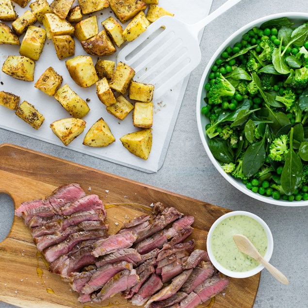 Lamb Leg Steaks with Herb Potatoes and Broccoli Pea Salad