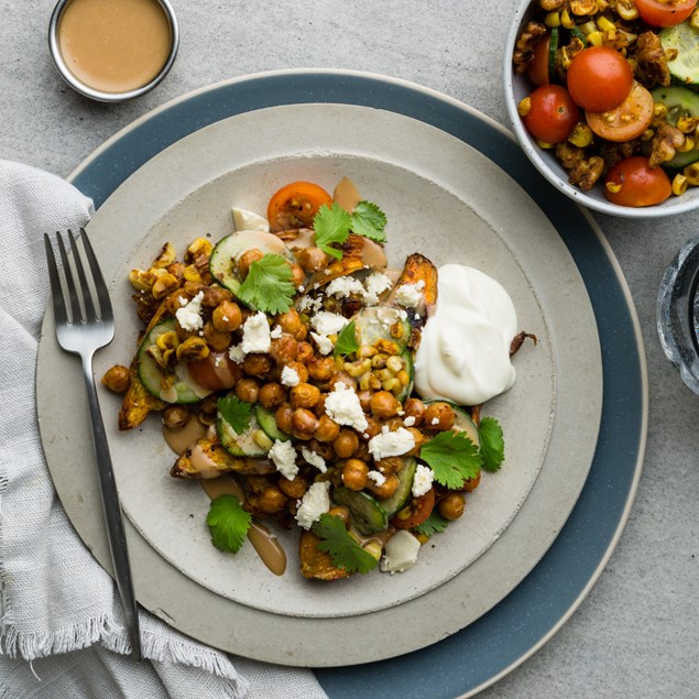 Loaded Baked Kumara with Spiced Chickpeas, Tahini & Corn Salsa