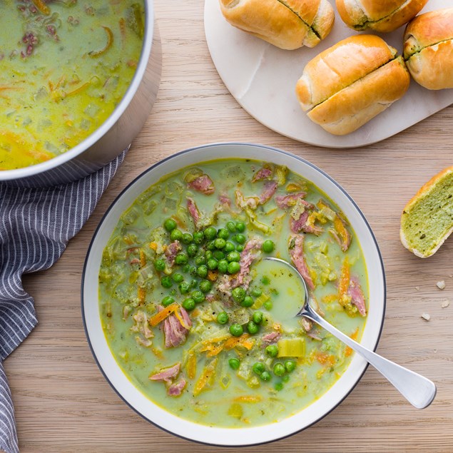 Pea and Ham Soup with Garlic Dinner Rolls