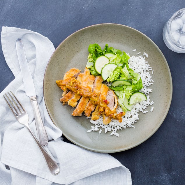 Pork Katsu Curry with Rice and Cucumber Salad