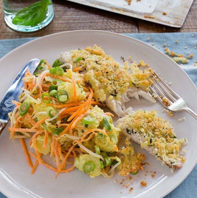 Thyme and Cheese-Crusted Fish with Potato Salad