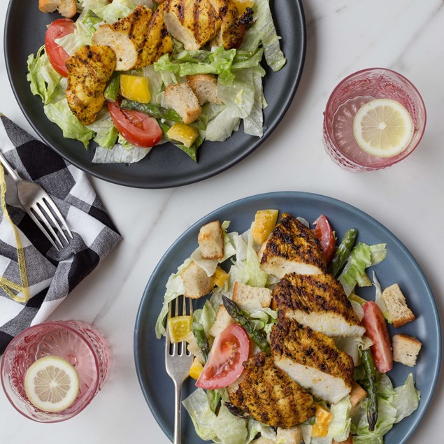 Lemon Pepper Chicken Salad With Garlic Croutons and Asparagus