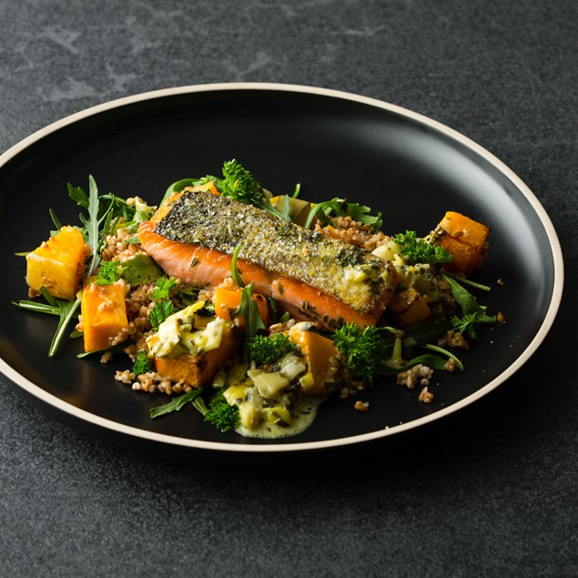 Tarragon Salmon with Creamy Leeks and Farro Salad 